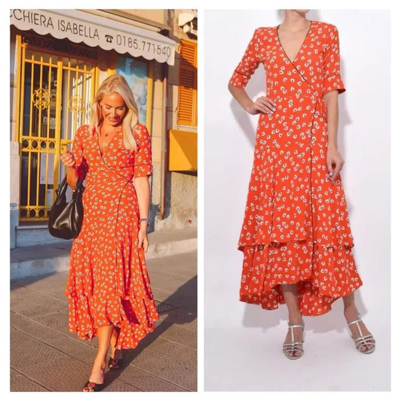 Ganni Crepe Floral Print Midi Wrap Dress in Coral Red Size 8 - Picture 5 of 10